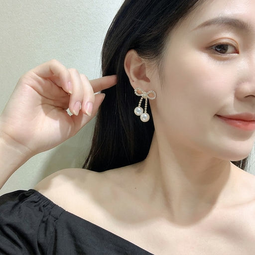 フルパヴェリボン × ダブルパール ドロップピアス｜S925シルバーポスト ゴールドトーン