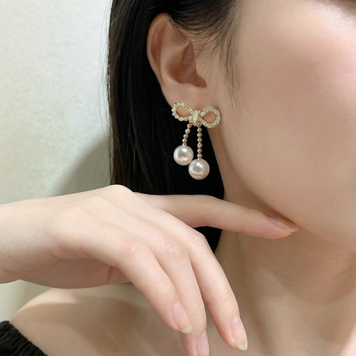 フルパヴェリボン × ダブルパール ドロップピアス｜S925シルバーポスト ゴールドトーン